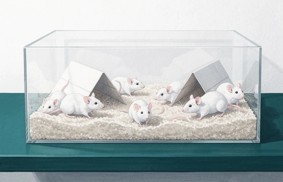 Several white laboratory mice explore paper shelters and bedding inside a broad clear enclosure.