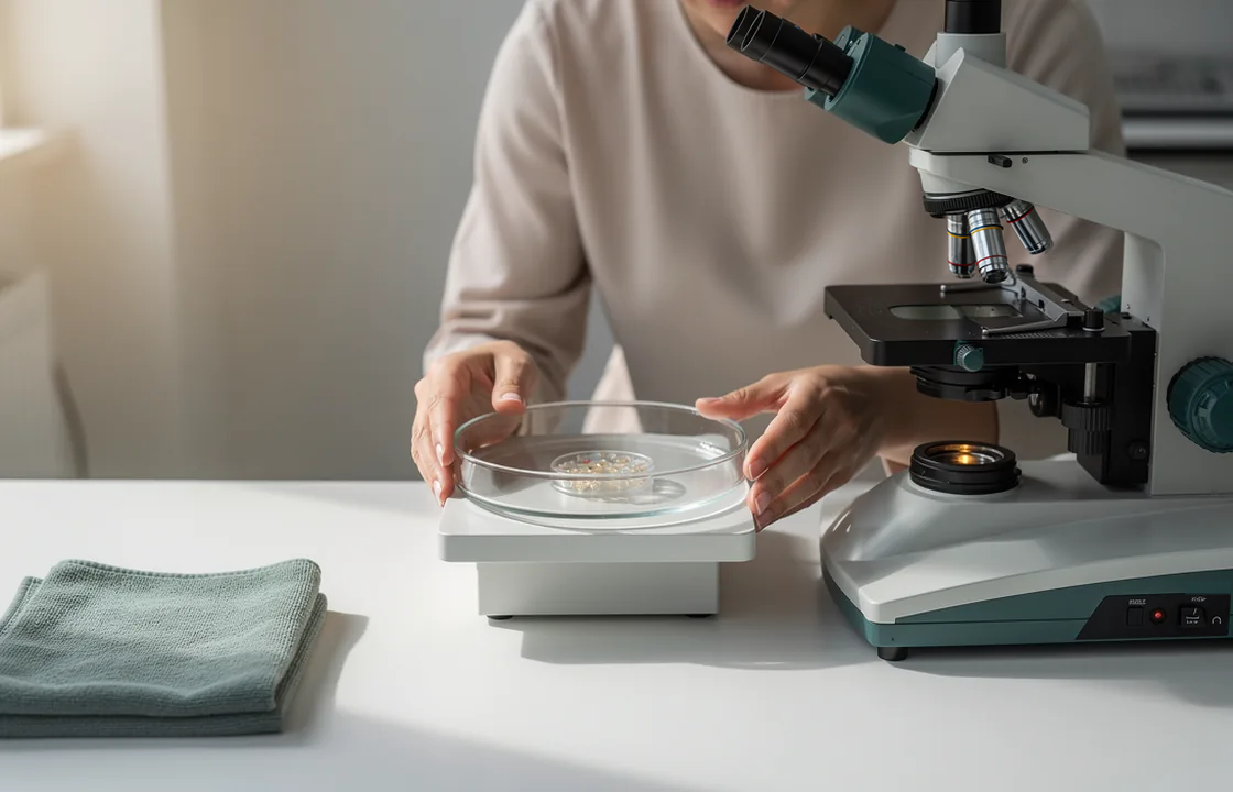 An adult handles a shallow culture dish beside a microscope on a white workbench.