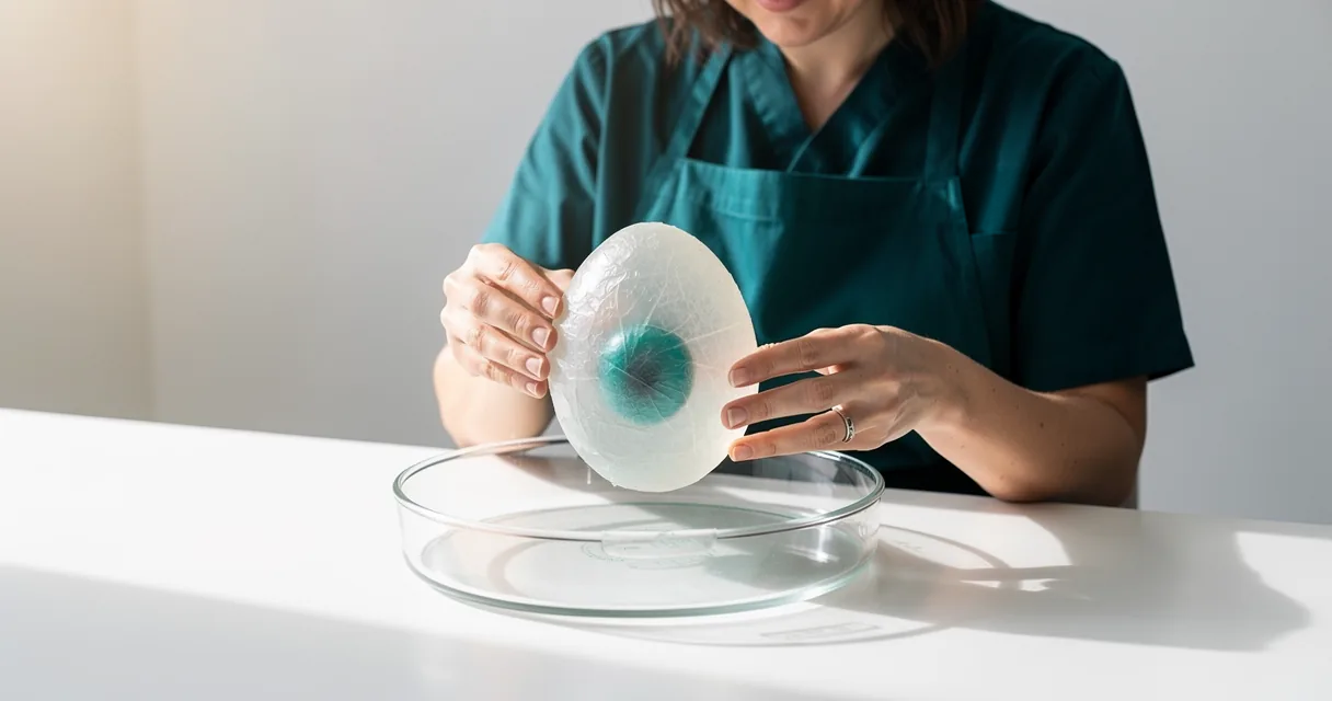 An anonymous adult places a translucent egg-cell teaching model into an oversized clear culture dish.