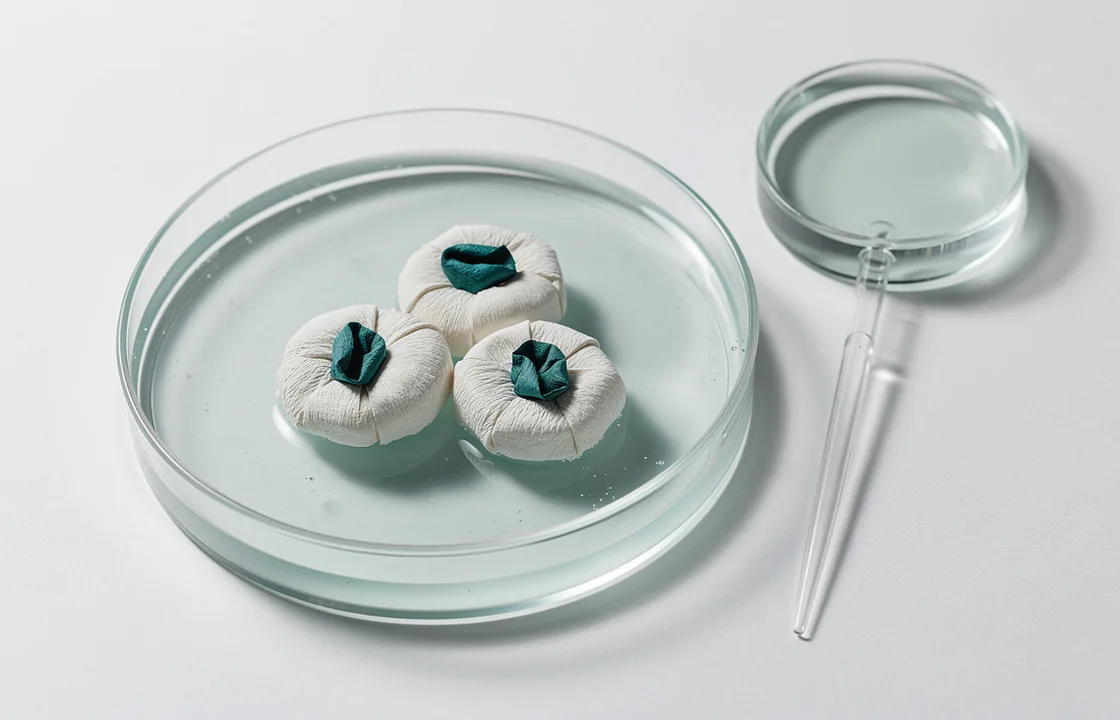 A cut-paper model of rounded gland cells sits in a glass dish beside a small sample well.